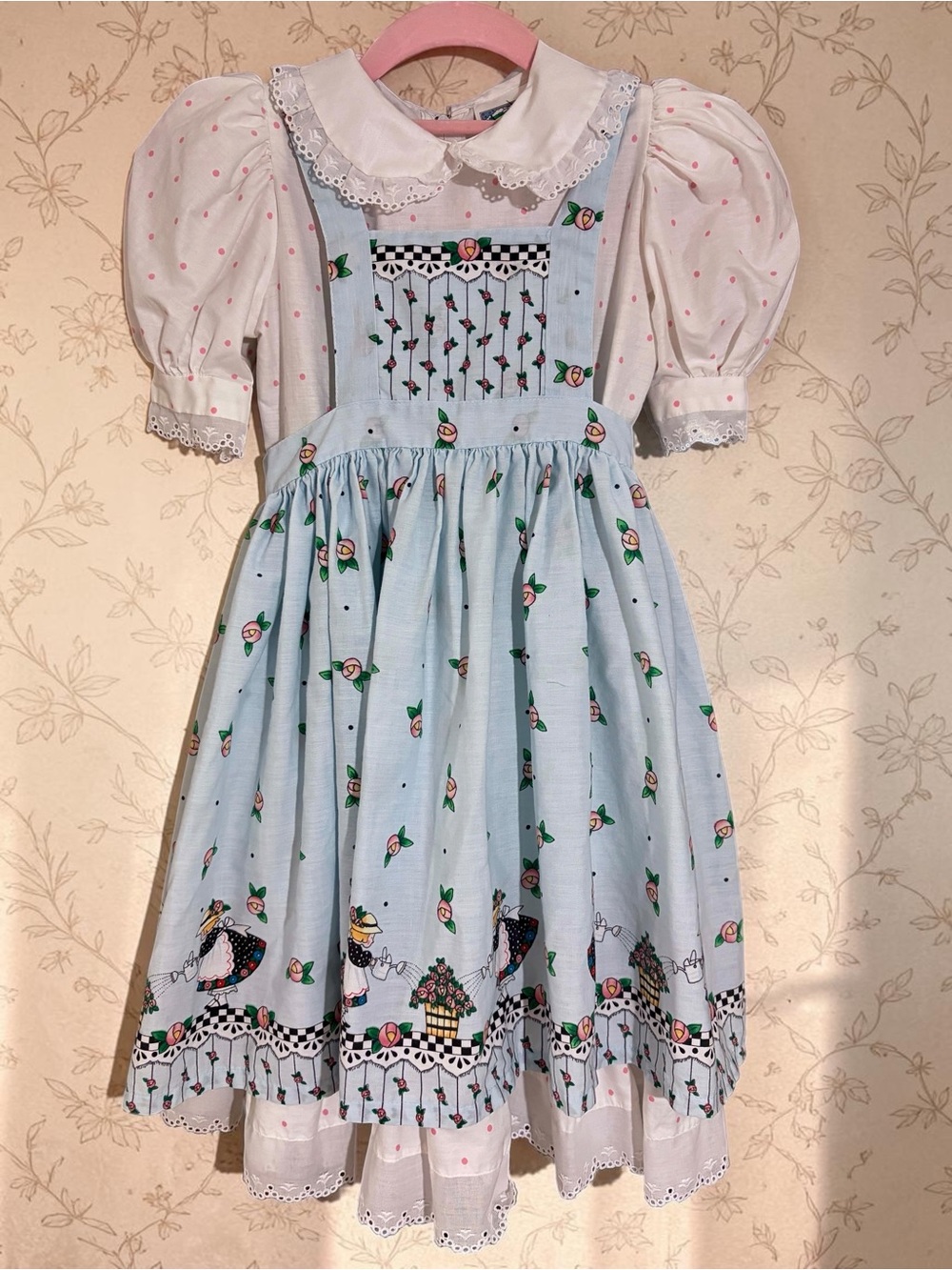 Daisy Kingdom Girls' Light Blue Floral Pinafore Dress with White Puff Sleeve